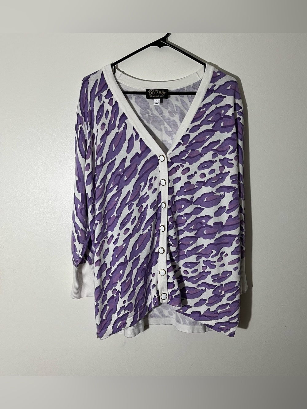 1990’s Vintage Bob Mackie Wearable Art Purple Leopard Print Cardigan Size XL